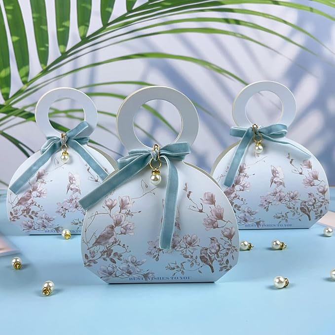20 PCS Small Gift Boxes, Flower & Bird Party Favor Boxes Goodie Bags with Handle, Velvet Bow, Pearl Pendant for Wedding Anniverary Valentine's Day Birthday Party Presents 4"x5.1"x1.4"(Mist Blue)