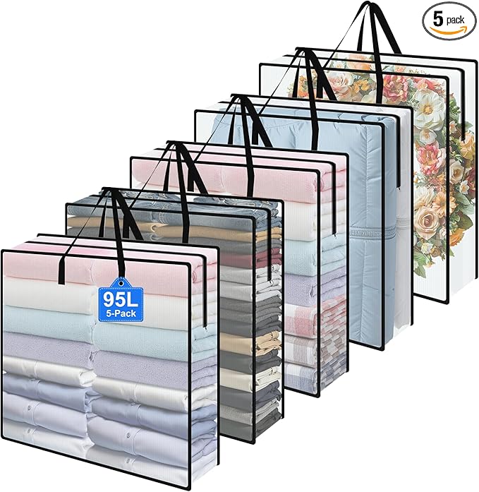 95L Under Bed Storage Bag, 5-Pack Clothes Storage Bag, Clear Bag for Quilt Pillow Blanket Bedding Storage or Wreath Closet Organizer Home Storage
