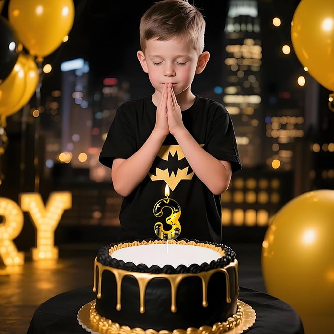 Black Yellow Number 3 Birthday Candle for Cake – Dark Night Hero Style with Bat & City Silhouette Design – Unique Cake Topper for Birthday, Anniversary, Themed Party Decoration