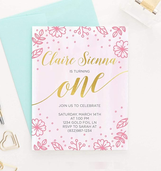 Modern Floral Birthday Invitations, 1st Birthday Invitations Girl or any Age, Your choice of Quantity, Age, Info and Envelope Color