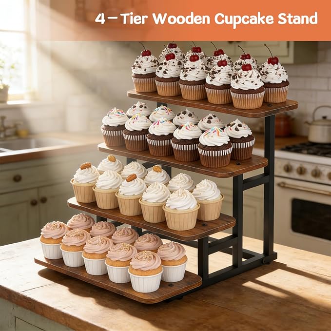 Cupcake Stand, 4 Tier Cupcake Stand for 50 Cupcakes, Set of 2 Rustic Wood & Metal Dessert Table Display Stand, Stepped Cupcake Tower, Dessert Riser for Wedding, Party & Farmers Market