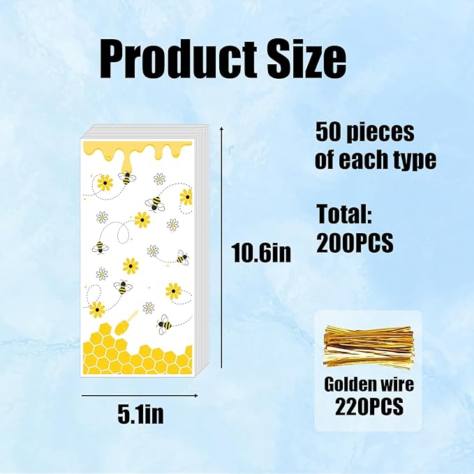 EatnMgan 200Pcs Bee Cellophane Treat Bags,Cellophane Bags,Party Favors Bags Cellophane Treat,Goodie Candy with 220Pcs Twist Ties for Kid Birthday Baby Shower Party Supplies