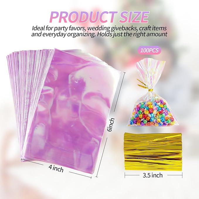 Amzlysdok 100PCS Iridescent Cellophane Bags,4 x 6 Inches Treat Bags with Twist Ties for Candy, Snacks, Cookies,Party Favors, and Gift Wrapping