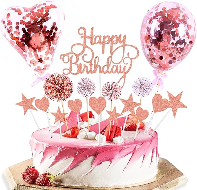 Daimay Pink Birthday Cake Topper Supplies Acrylic Glitter 4th Happy Birthday Cake Deco with Confetti Balloon Paper Fans Stars Firework Cupcake Toppers for Baby Shower Birthday Party - Rose Gold 4