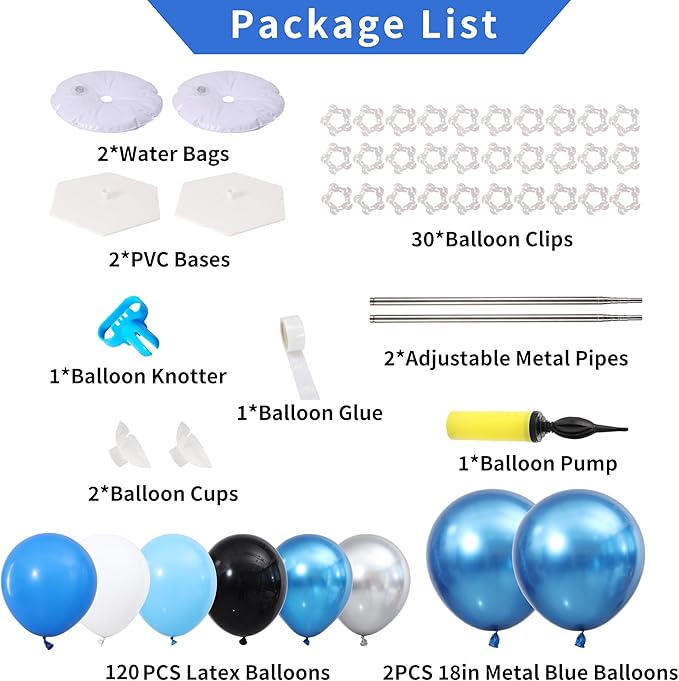 Blue and Silver Black Balloon Column Stand Arch Kit Set of 2 for Floor with 120PCS Blue Black Silver White Balloon Towers for Boys Men Birthday Party Graduation Decorations