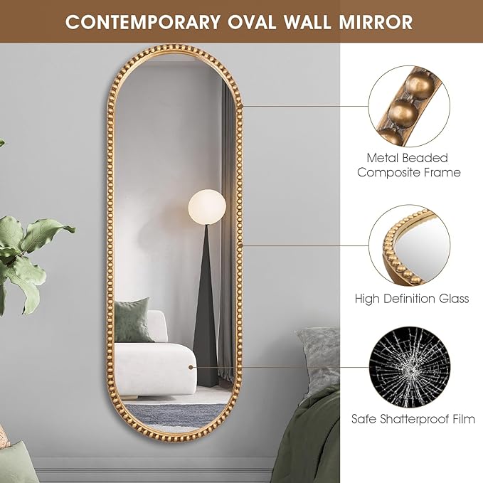 Oval Full Length Mirror, 20"x53" Metal Beaded Frame Large Hanging Dressing Floor Mirror for Bedroom, Living Room, Entryway, Antique Gold (No Stand)