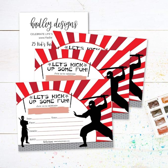 Hadley Designs Kids Birthday Invitations For Boys Ninja Theme - 25 Ninja Birthday Party Invitations For Boys, Martial Arts Invites For Boy, Cute Karate Party Supplies, Made In USA