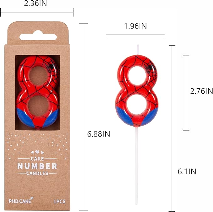 PHD CAKE 2.76 Inch Number 8 Spider Birthday Candles, Spider Cartoon Themed Number Candles, Cake Number Candles, Party Celebration