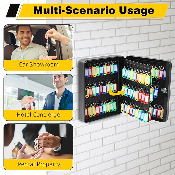 Ripeng 108-Keys Steel Key Lock Box - Wall Mount Key Cabinet with Colorful Secure Tags & Hooks Keys Organizer Storage for Home Office Hotel Rental Business Property Management, Black