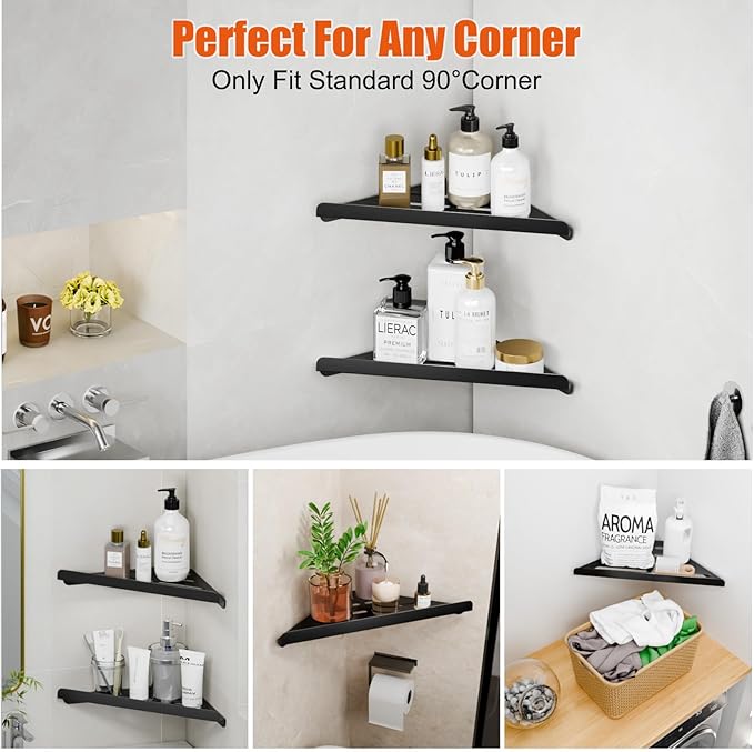 Fikoksol Shower Caddy, 4 Pack Bathroom Corner Shelf, Triangle Shelf Storage for Bathroom Shower, Black Metal Shower Shelf & Rustproof Wall Mounted Adheisve Glue Organizer Accessories and Essentials