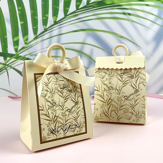 20PCS Mini Gift Bags, Bird & Flower Goodie Bags with Ribbon Handle for Party Favors Treat Boxes Wedding Bridal Baby Shower Birthday Party Presents 3.9"x2.6"x1.4"(Ivory White)