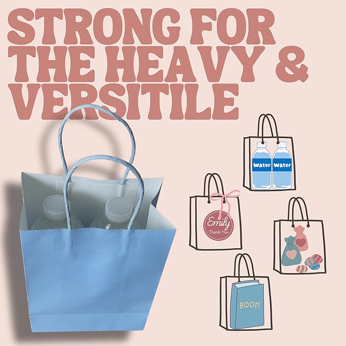 Bon et Beau Pastel Rainbow Paper Gift Bags 30 Packs - 6 Assorted Colors, 5.9 x 8.25 x 3.15 Inch Small Kraft Paper Party Favor Bags with Handles Perfect for Birthdays, Baby Showers, Weddings, and Holiday Parties