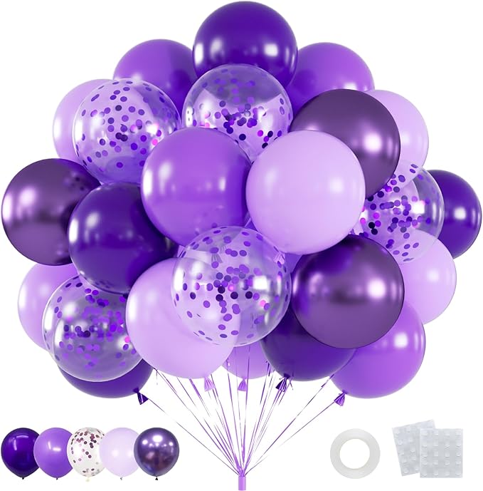60pcs 12inch Metallic & Pastel Purple Confetti Balloons Kit – Includes Dark Purple, Lavender, Confetti Balloons for Wedding, Baby Shower, Birthday, Graduation Decorations