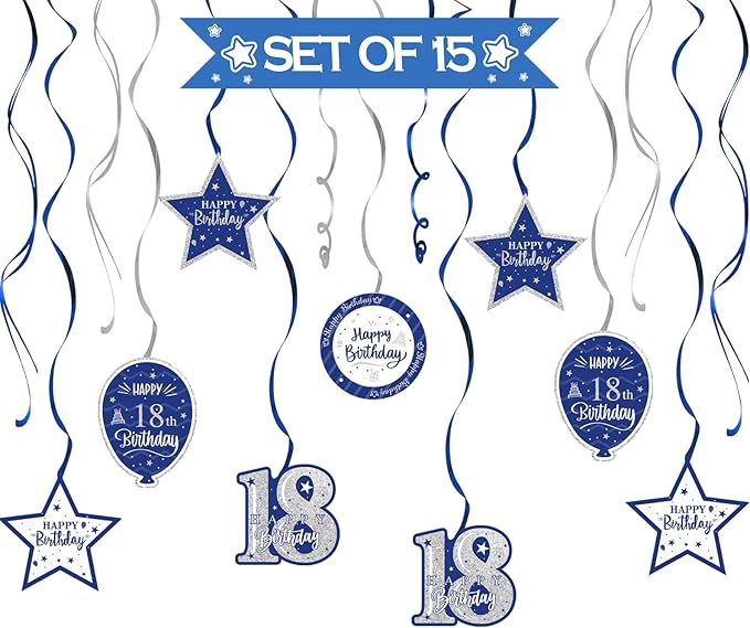 Happy 18th Birthday Blue & Silver Glitter Swirls Streamers Party Decorations - 15 Pcs 18th Birthday Hanging Swirls Streamers Kit,Cheers to Eighteen Years Old Bday Party Sign.