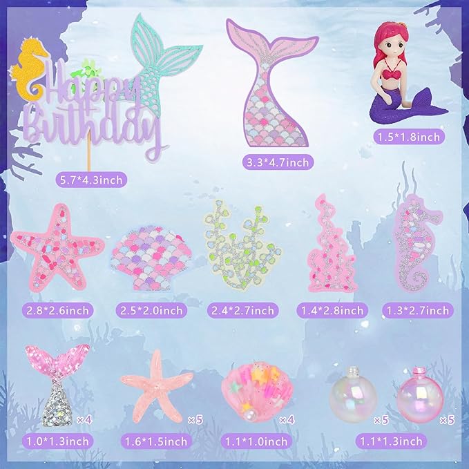 Mermaid Cake Toppers for Girl 30pcs Little Mermaid Figurine Under The Sea Ocean Cake Decor Seaweed Bubble Starfish Shell Mermaids Tail Cupcake Picks for Mermaids Princess Birthday Baby Shower