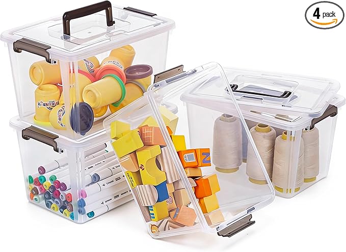 Citylife 4 Packs Plastic Storage Bins with Latching Lids Clear Storage Box with handle Stackable Storage Containers for Organizing Toys, Crafts, Tools