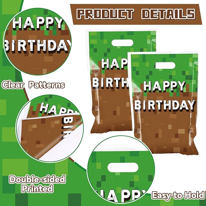 50 PCS Pixel Party Gift Bags Pixel Birthday Party Favors Video Game Theme Candy Snack Bag Happy Birthday Gift Bags Bulk for Kids Trunk or Treat Gamer Gifts Decoration Supplies