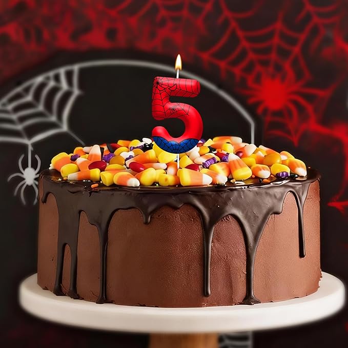 Spider Themed Birthday Candles Number 5 Red Blue Spider Web Themed Cake Topper Candle Party Decoration Birthday Party Celebrations Supplies Favors(Number 5)