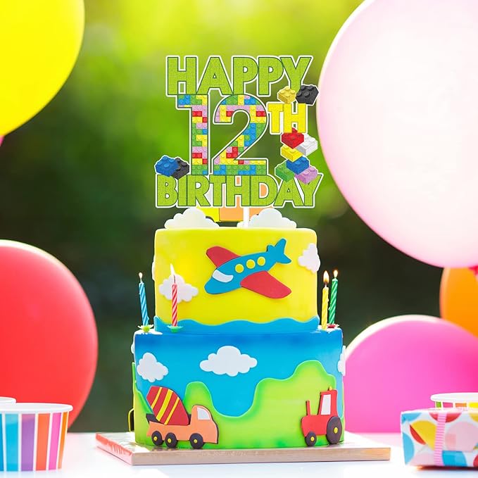 Happy 12th Birthday Building Block Cake Topper - Puzzle Games Boy's 12th Birthday Party Green Cake Topper Supplies - Building Block Party Decoration For Boy