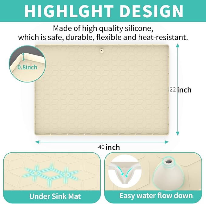 Under Sink Mat for Kitchen, Silicone Waterproof Liner, Flexible Organizer Tray with Drain Hole, 3.6 Gallons Capacity, Easy to Clean