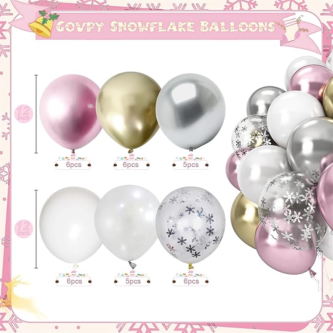 Pink White Winter Wonderland Snowflake Balloons Set, Metallic Light Pink Gold Silver White Snowflake Confetti Balloons for Girl Christmas Birthday Winter Onederland Baby Shower Xmas Party Decorations