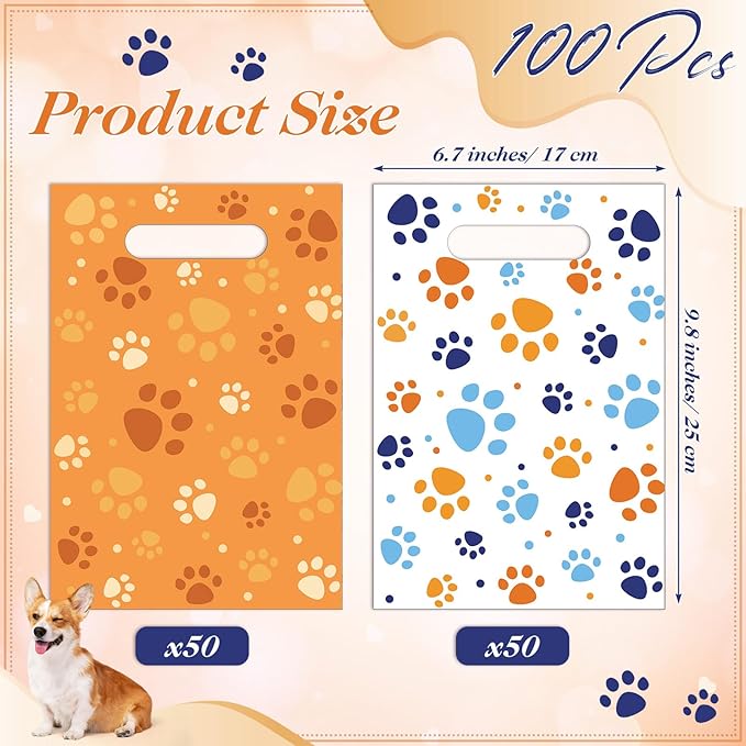 Pasimy 100 Pcs Dog Paw Gift Bags Bulk Pet Paw Puppy Plastic Treat Favor Candy Goodie Bags with Handle for Dog Birthday Party Decoration Supplies(Orange White)