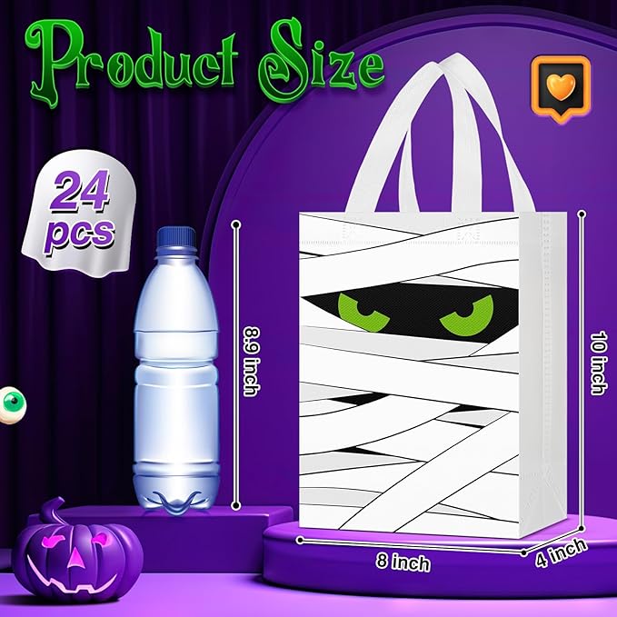 Locmeo 24 Pcs Large Halloween Candy Bags Reusable Non Woven Halloween Favor Bags Cat Ghost Vampire Zombie Pumpkin Tote Bag with Handles Bulk for Kids Birthday Party
