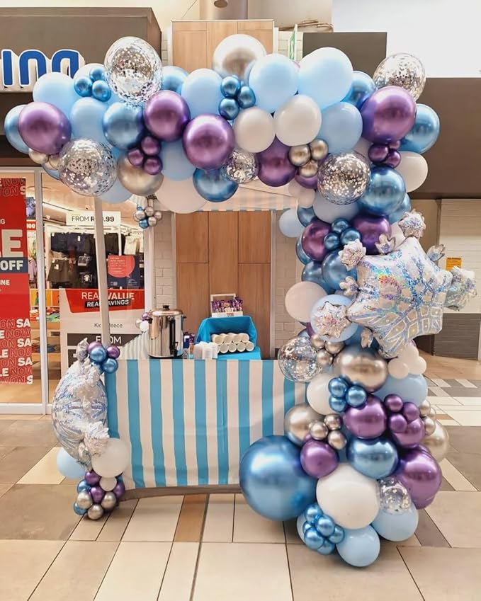 Blue Purple Balloons Garland Arch Kit, 124pcs Blue Purple Silver Snowflake Confetti Latex Balloons Arch for Birthday, Baby Shower, Winter Wonderland Snow Theme Party Decoration