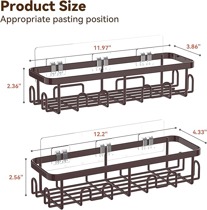 YASONIC Shower Caddy Adhesive 2-Pack, Rustproof Shower Organizer with Holder, No-Drill Shower Shelves for Inside the Shower, Large-Capacity Bathroom Organizers and Storage for Dorms & Renters, Bronze