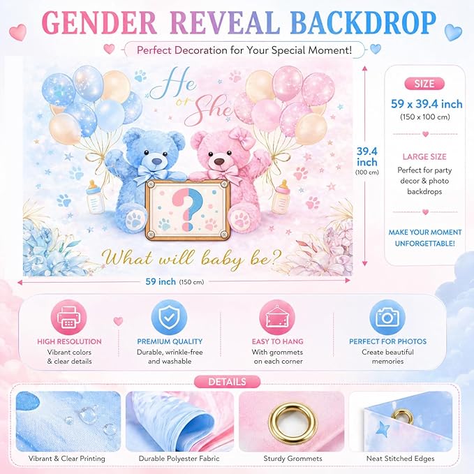 Boy or Girl Gender Reveal Decorations Kit, Bear Theme Balloon Garland with Backdrop, 125 PCS He or She Gender Reveal Party Supplies for Soft Pastels Pink and Blue Revelacion De Sexo De Bebe
