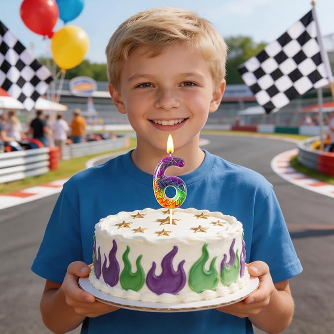 Number 6 Birthday Candle for Cake – Purple Green Flame Design with Lightning & Tire Track Pattern – Off-Road Truck Theme Cake Topper for Birthday Party Decoration