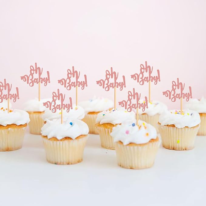 Ercadio 24 Pcs Oh Baby Cupcake Toppers Glitter Rose Gold Cake Topoper for Boy or Girl Theme Baby Shower Cupcake Picks Kids Birthday Party Cake Decorations Supplies