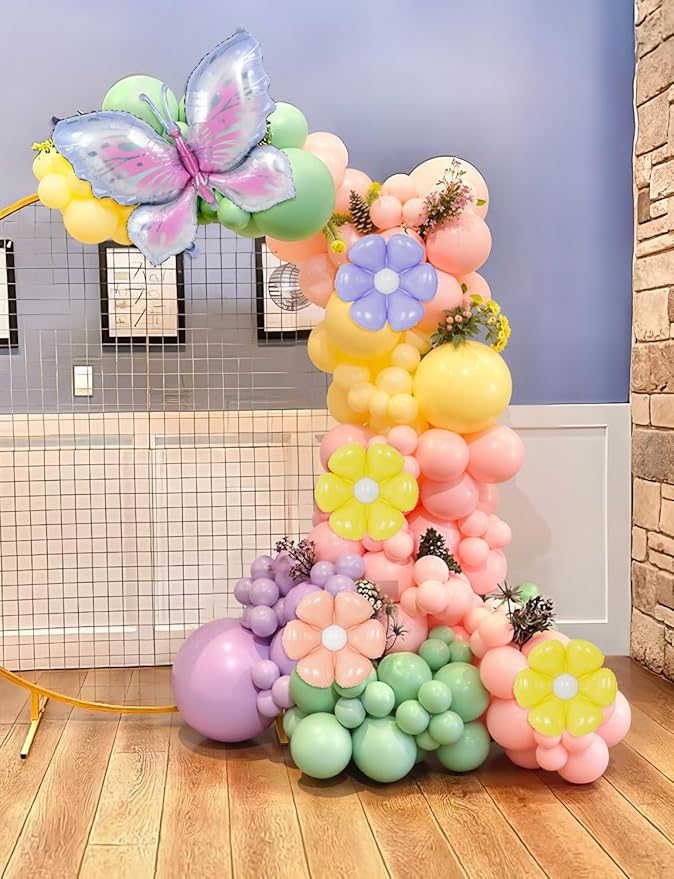 Spring Floral Butterfly Balloon Arch Garland Kit - Fairy Balloon Arch Pastel Green Purple Yellow Balloons with Daisy Balloons for Wildflower Baby Shower Birthday Tea Party Decorations
