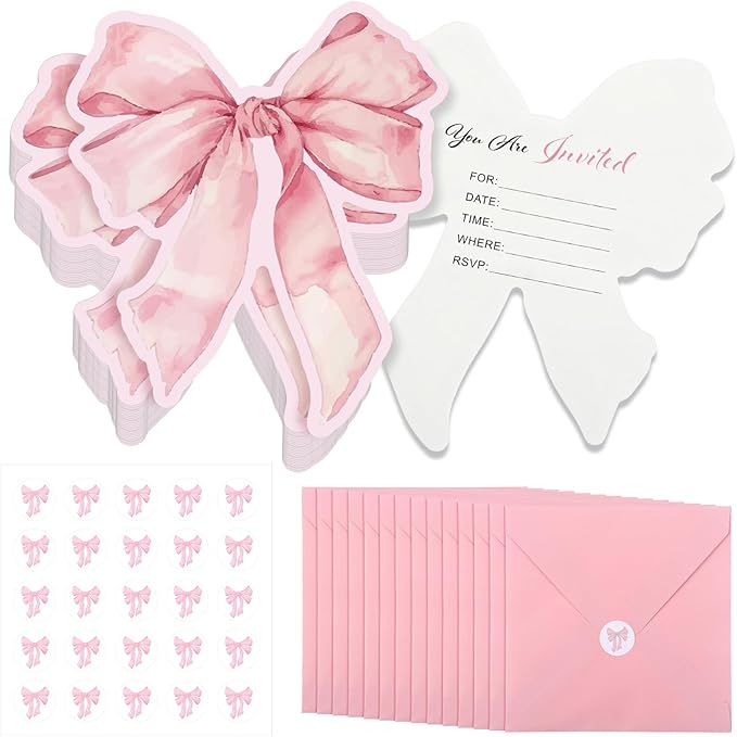 Marspark 25 Set Pink Bow Birthday Invitation Coquette Bow Paper Card with Envelopes and Stickers Wedding Birthday Bachelorette Invitation Party Supplies for Baby Shower Girls Dinner Favors, 5 x 6 Inch
