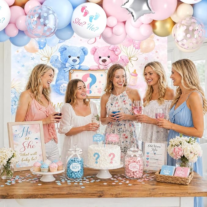 Boy or Girl Gender Reveal Decorations Kit, Bear Theme Balloon Garland with Backdrop, 125 PCS He or She Gender Reveal Party Supplies for Soft Pastels Pink and Blue Revelacion De Sexo De Bebe