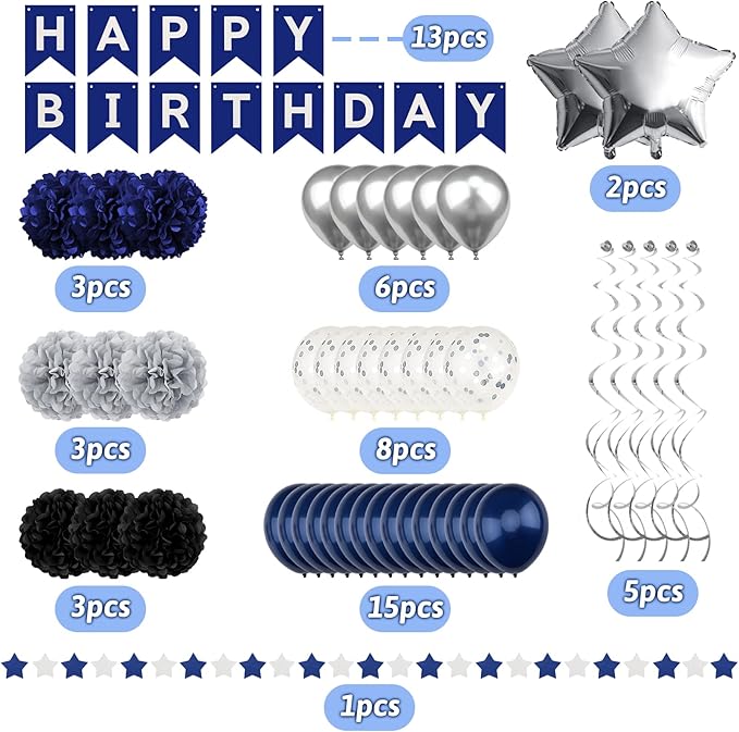 Men's Birthday Decorations - Navy Blue & Black Party Decor with Banner for 30th, 40th, 50th, 60th, 70th Birthdays & Anniversaries