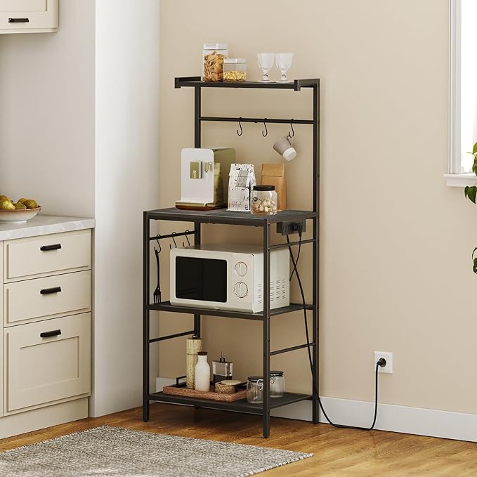 MAHANCRIS Bakers Rack with Power Outlet, Kitchen Storage Shelf with 6 Hooks, Microwave Stand with Storage, 4-Tier Coffee Bar Station, for Kitchen, Dining Room, Charcoal Gray and Black BRHT35E01N1