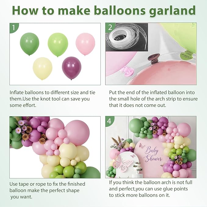 Pink Green Purple Balloons Arch Kit，Green And Pink Balloons with Sage Light Olive Green Dusty Pink Lilac Yellow Pastel Balloons for Wedding Birthday Party Fairy Bridal Shower Wildflower Decoration.