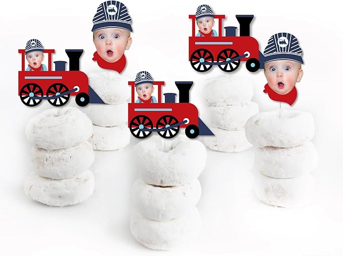 Big Dot of Happiness Custom Photo Railroad Party Crossing - Steam Train Birthday Party or Baby Shower Dessert Cupcake Toppers - Fun Face Clear Treat Picks - Set of 24