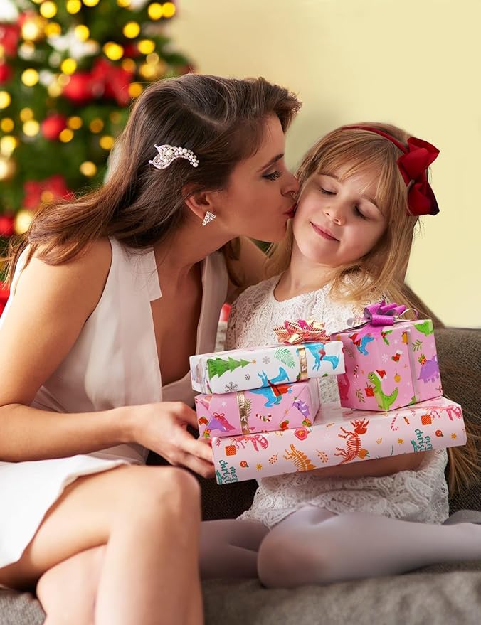 WERNNSAI Dinosaur Gift Wrapping Paper Rolls - 3 Rolls 17” x 120” Dino Kids Birthday Wrapping Paper Medium Roll Set Girl Pink Wrap Paper Happy Birthday Party Supply