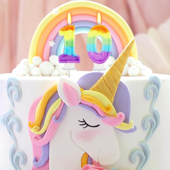 Rainbow Candles for Birthday Cakes, 10 Cake Topper, Rainbow Birthday Party Decorations, 10th Number Candle for Girls Boys (Number 10)
