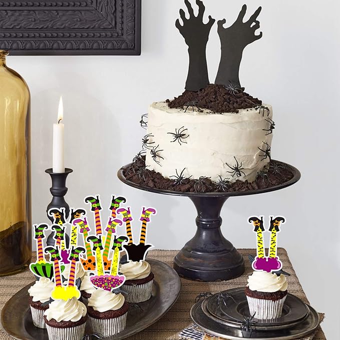 Set of 48 Witch Cupcake Toppers Halloween Witch's Boot Leg Paper Cupcake Toppers for Fall Hoilday, Halloween Birthday Party Decorations (8 Style)