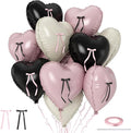 Pink and Black Heart Balloons with Ribbon Bow, 10 Pcs Light Baby Pink Cream Heart Shape Foil Balloons, 18Inch Helium Balloon with Bow Decoration for Girls Women Brithday Baby Shower Bachelorette Party