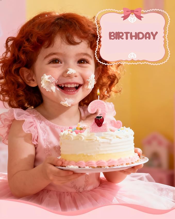 Birthday Candles for Cake, Pink Number Candles, Cake Candles with Greeting Card for Birthday Party Wedding Anniversary Celebrations (Strawberry 2 Candle)