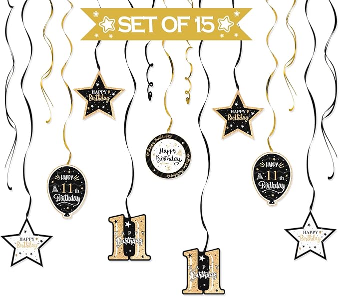 Happy 11th Birthday Black & Gold Glitter Swirls Streamers Party Decorations - 15 Pcs 11th Birthday Hanging Swirls Streamers Kit,Cheers to Eleven Years Old Bday Party Sign.
