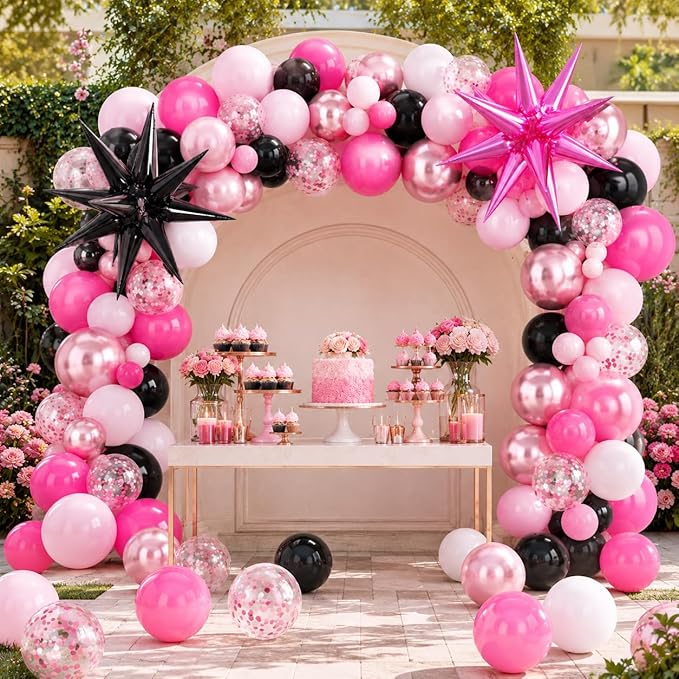 Pink and Black Balloons, 12 Inch Hot Pink and Black Party Decorations with Confetti Metalic Balloon Star Foil Balloons for Mouse Theme Birthday Wedding Bridal Shower Party Decoration
