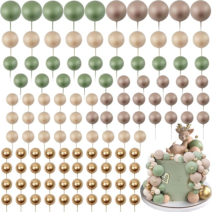 115 PCS Ball Cake Toppers - Mini Balloon Cake Decorations Matcha Green Light Brown Khaki Gold Foam Ball Cupcake Picks DIY Cake Insert Toppers for Baby Shower Birthday Party Wedding