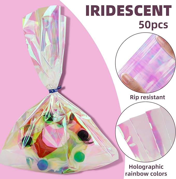 50 PCS Holographic Bags(8x11 Inch) with Colorful Ties, Clear PLastic Iridescent Cellophane Goodie Gift Treat Candy Goody Cookie Bags for Holiday Birthday Valentines Party Favors Supplies Decorations