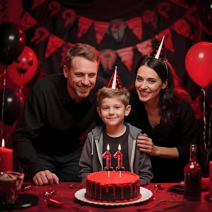 Red Number 11 Birthday Candle for Cake – Dark Horror Style with Alphabet Print & Shadow Design – Unique Cake Topper for Birthday, Anniversary, Themed Party Decoration