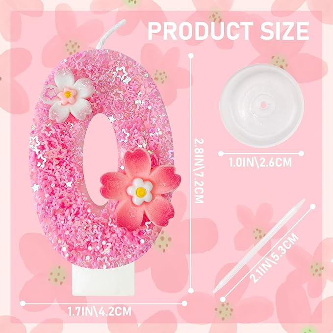 Pink Flower Birthday Candle,Number Birthday Candles for Cake, Ideal Birthday Parties Cake Decor, Wedding Anniversary and Other Celebrations (Number 0, Pink)